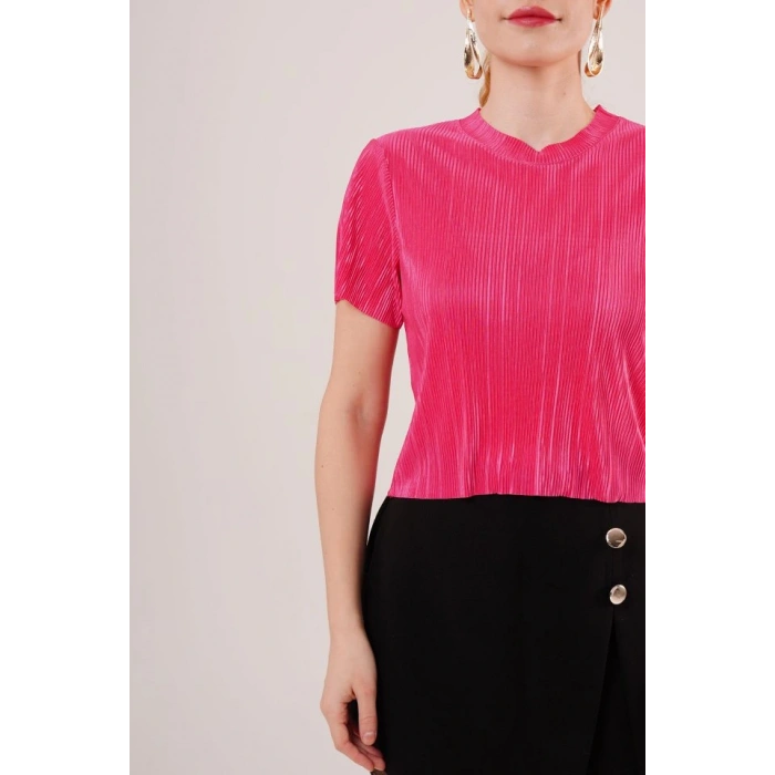 Fitilli Kısa Kollu Parlak Fuşya Bluz
