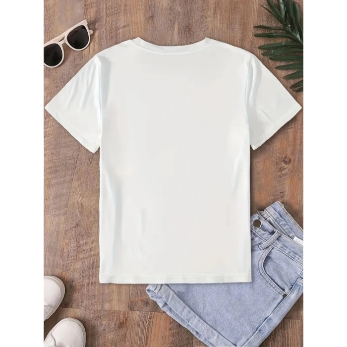 Fiyonk Baskılı Oversize Bisiklet Yaka Tshirt  Beyaz