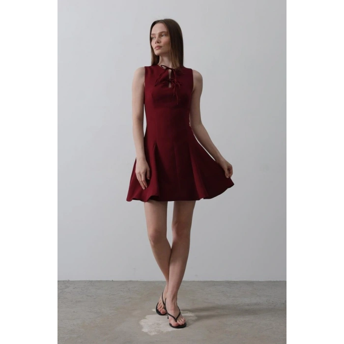 Fiyonk Detay ıfır Kollu Mini Elbise  Bordo