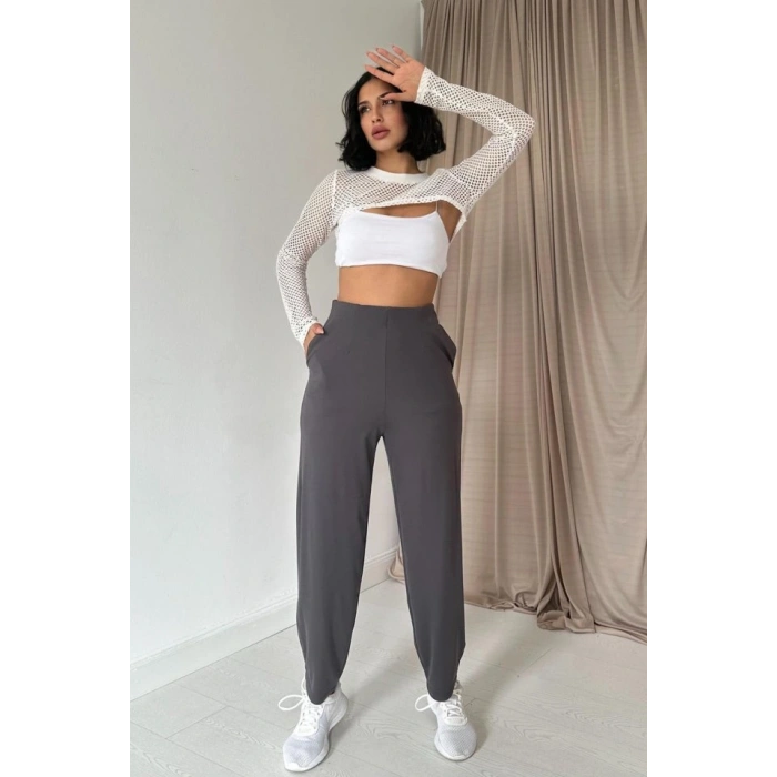 Füme Pensli astik Detaylı Pantolon