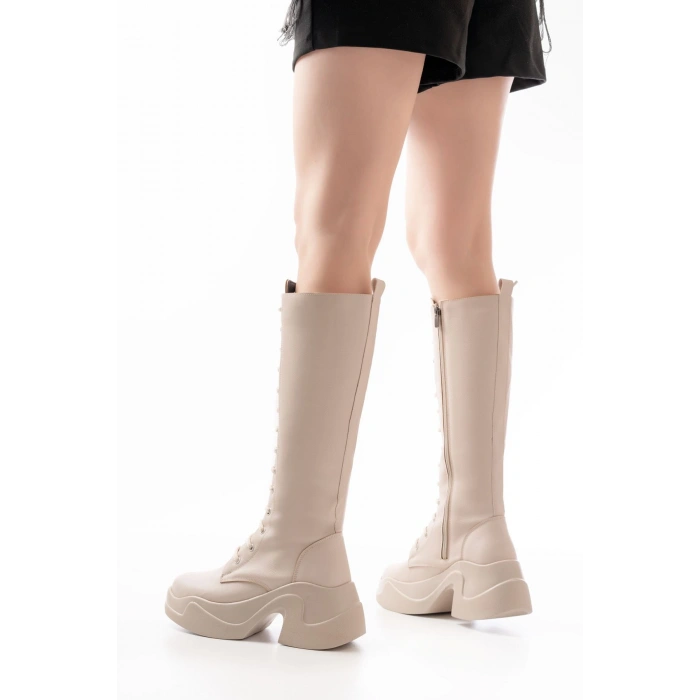 FZ-2450 Bej Yüksek Tabanlı Bağcıklı Fermuarlı Günlük Kadın Çizme