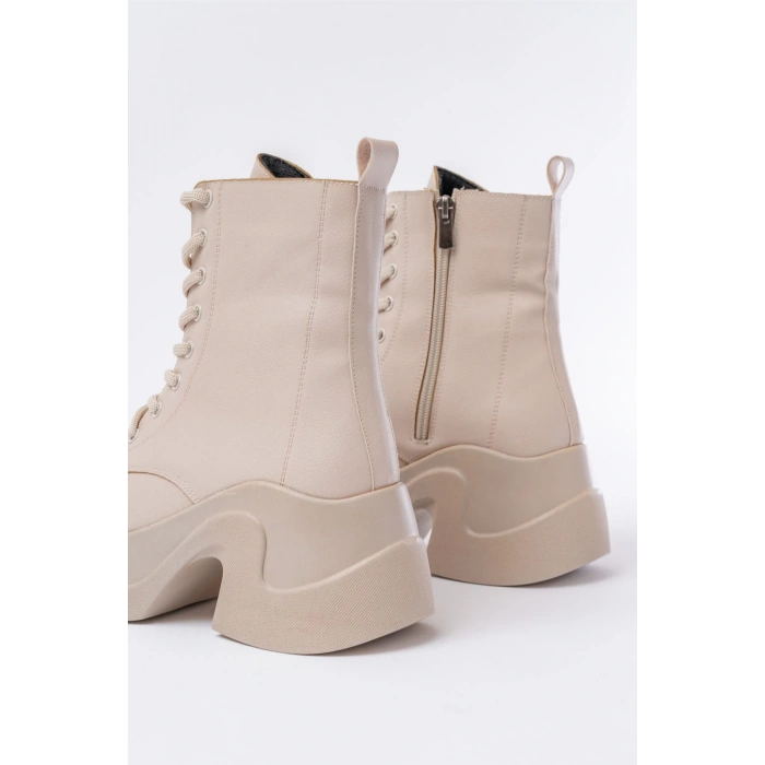 FZ-2550 Bej Yüksek Tabanlı Bağcıklı Fermuarlı Günlük Kadın Bot