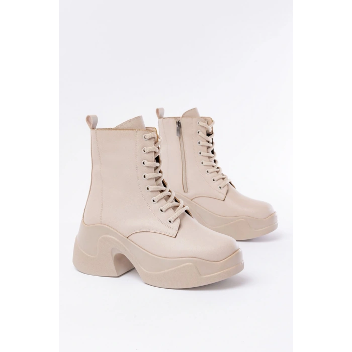 FZ-2550 Bej Yüksek Tabanlı Bağcıklı Fermuarlı Günlük Kadın Bot