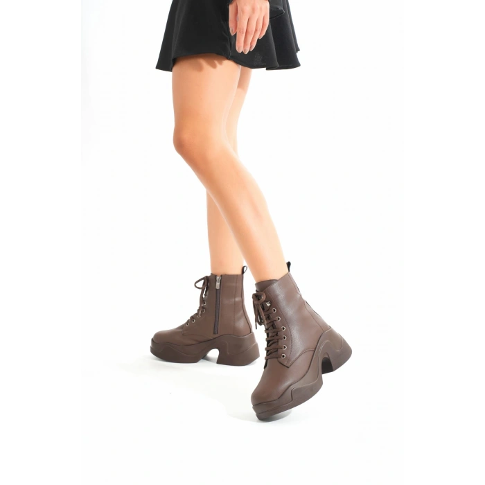 FZ-2550 Kahverengi Yüksek Tabanlı Bağcıklı Fermuarlı Günlük Kadın Bot