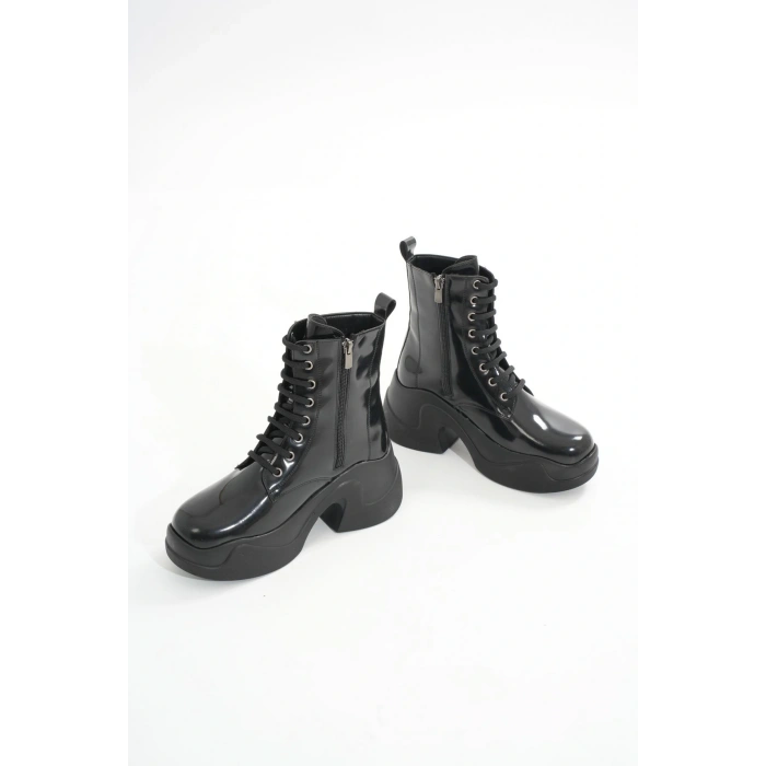 FZ-2550 Siyah Rugan Yüksek Tabanlı Bağcıklı Fermuarlı Günlük Kadın Bot