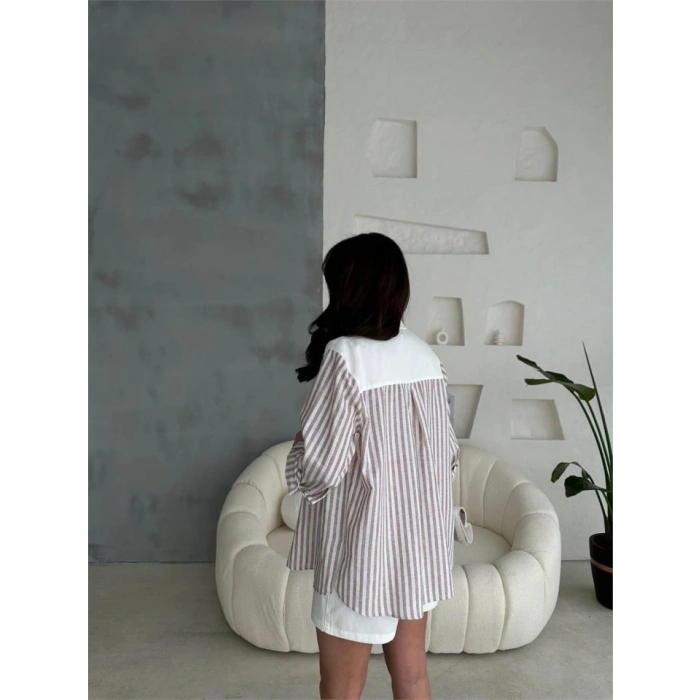 GABARDİN ŞORT  GABARDİN  ÇİZGİLİ KETEN GARNİLİ CEKET TAKI  Kahverengi