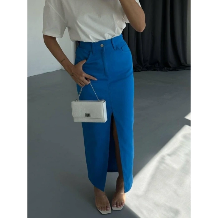 GABARDİN UZUN ÖNDEN YIRTAÇI ETEK  aks