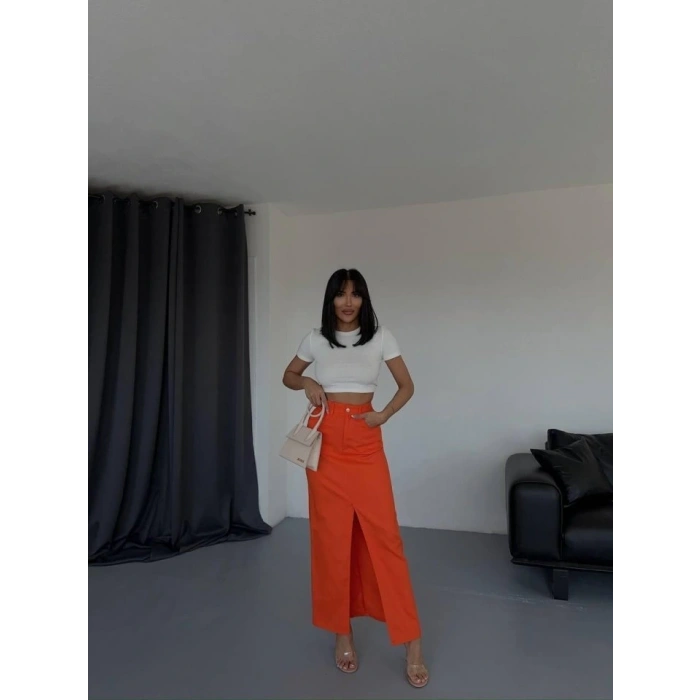 GABARDİN UZUN ÖNDEN YIRTAÇI ETEK  Turuncu