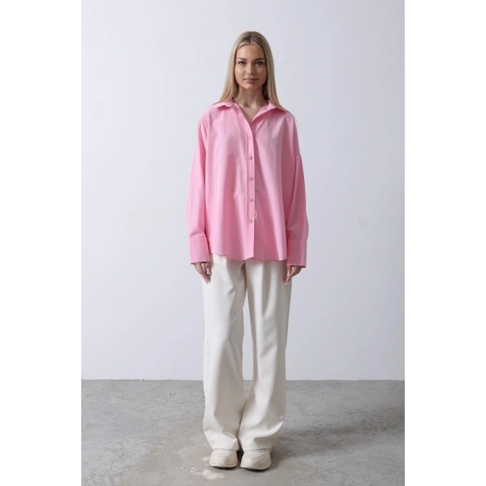 Geniş anşet Detaylı Gömlek  Şeker Pembe