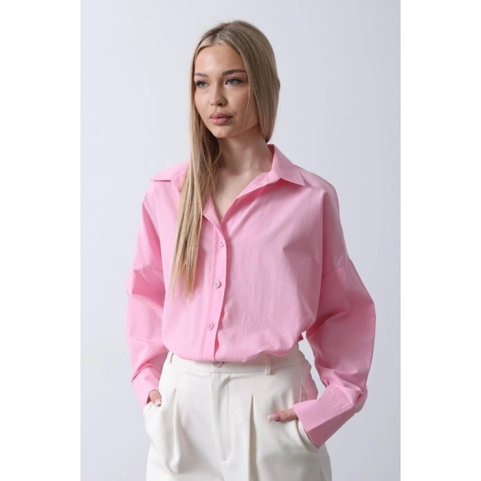 Geniş anşet Detaylı Gömlek  Şeker Pembe