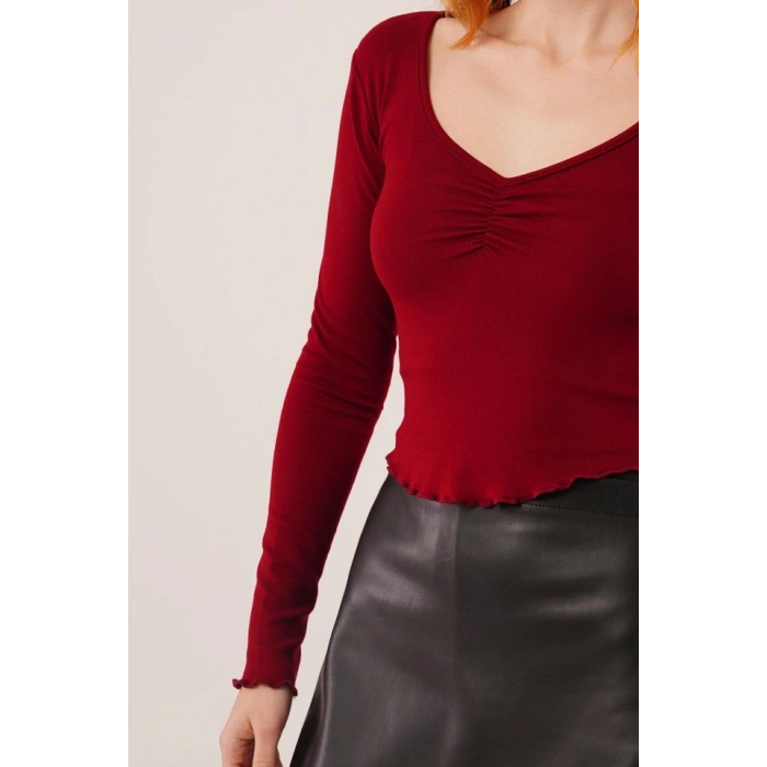 Geniş Yaka Bordo Basic Body Bluz