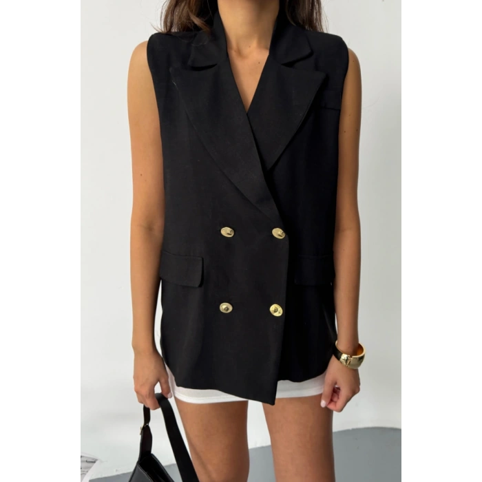 GOLD DÜĞELİ KETEN YELEK  iyah