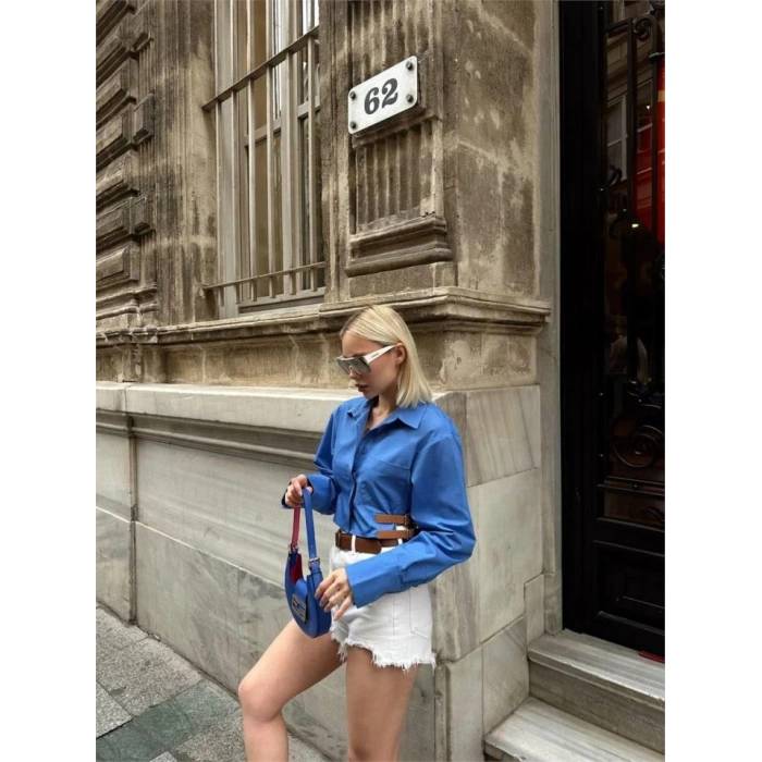 GÖMEK POPİN CROP YAN ÇİFT KEMER DETAYI  Mavi