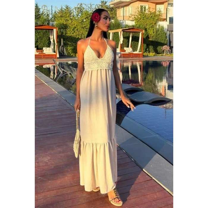 Göğsü Trikolu Keten Uzun Elbise 290408