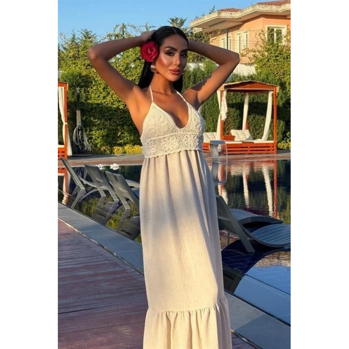 Göğsü Trikolu Keten Uzun Elbise 290408