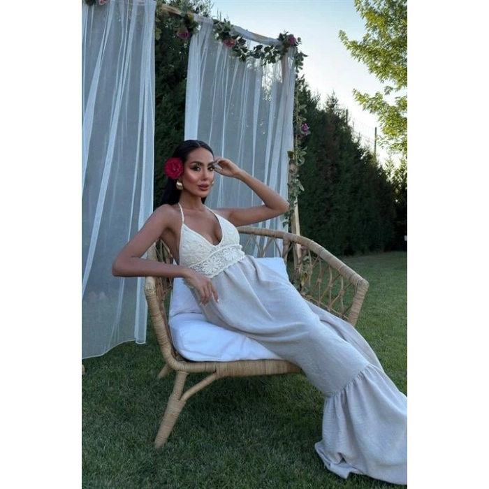 Göğsü Trikolu Keten Uzun Elbise 290408