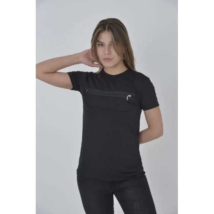 Göğüste Fermuar Aksesuarlı Dar Kalıp Thirt  iyah