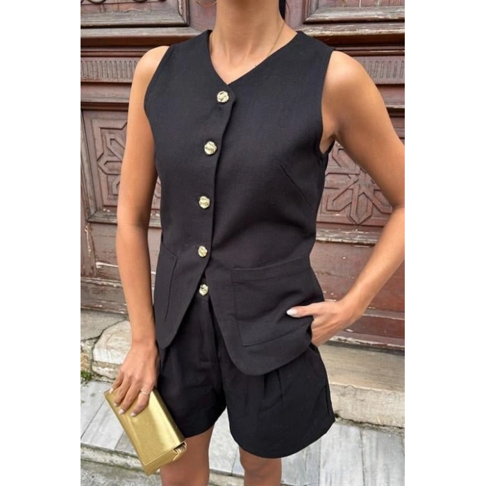 Gold Düğme Detaylı Yelek Şort Cotton Takım 1013417