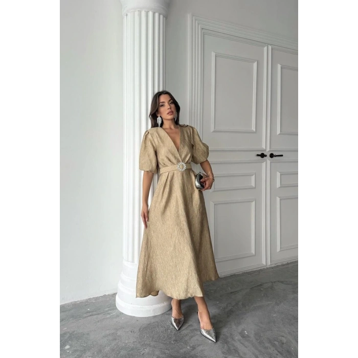 Gold Işıltılı Kemerli Kruvaze Elbise