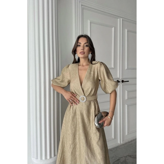 Gold Işıltılı Kemerli Kruvaze Elbise