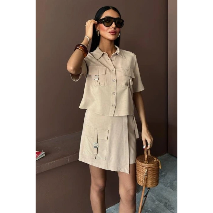 Gömlek Şort Etek Viscon Keten Takım 10162