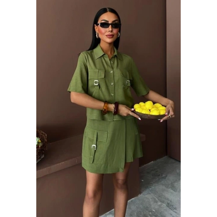 Gömlek Şort Etek Viscon Keten Takım 10162