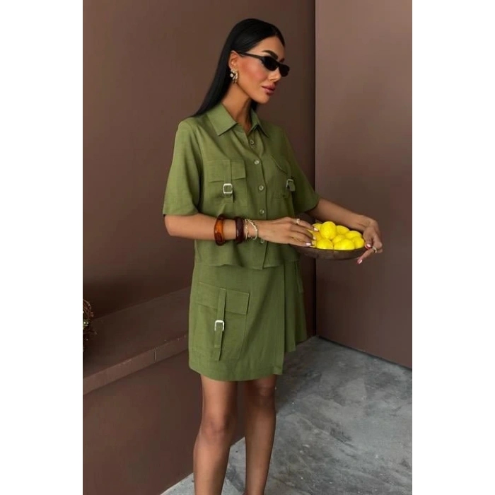 Gömlek Şort Etek Viscon Keten Takım 10162