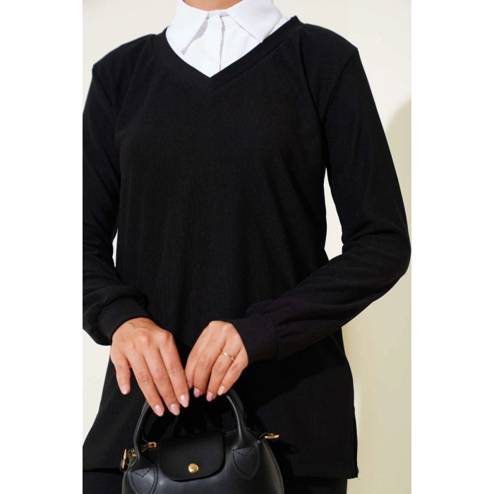 Gömlek Yaka Fitilli Salaş İkili Takım siyah T4300