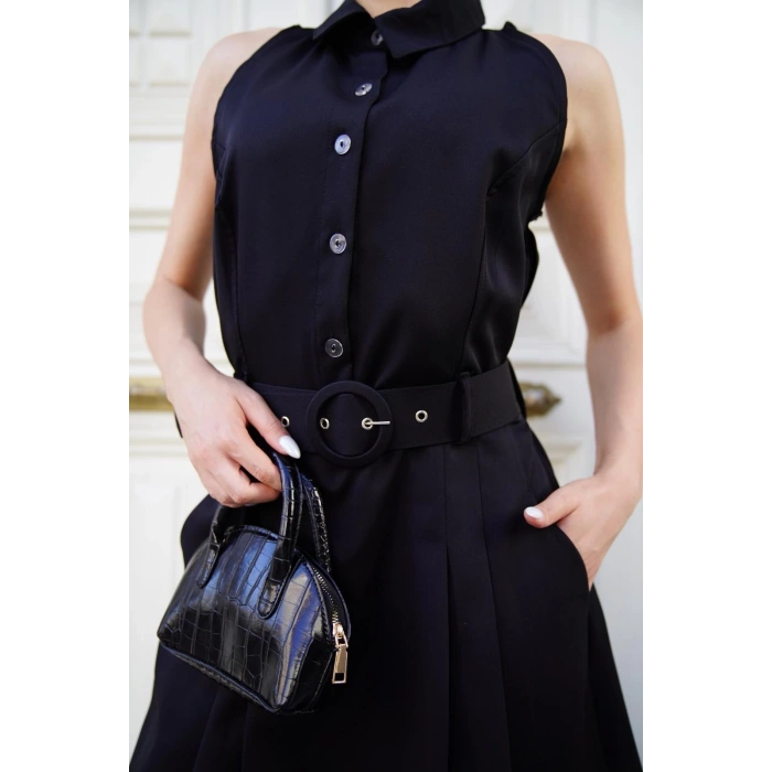 Gömlek yaka kemerli elbise siyah s255061