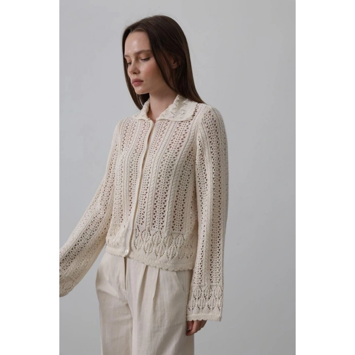 Gömlek Yaka Uzun Kol Triko  Ekru