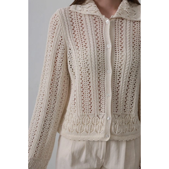 Gömlek Yaka Uzun Kol Triko  Ekru