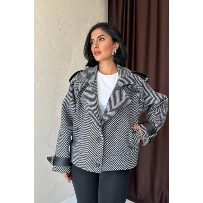 Gri Çizgili Deri Garnili Ceket