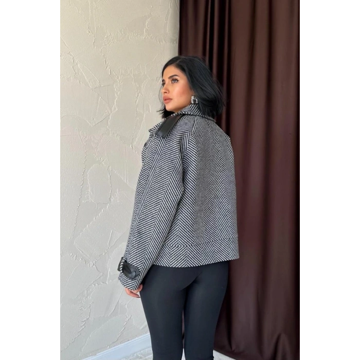 Gri Çizgili Deri Garnili Ceket