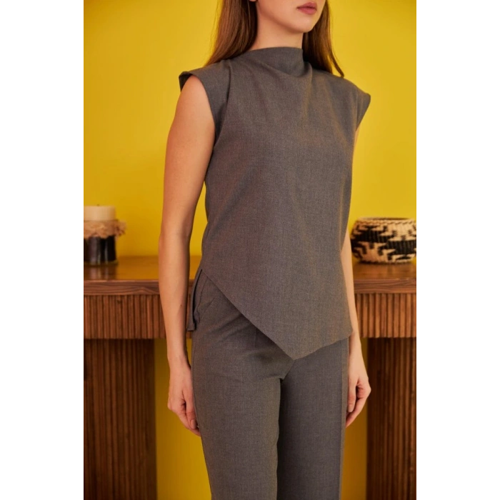 Gri ıfır Kol Düğmeli Gömlek Takım