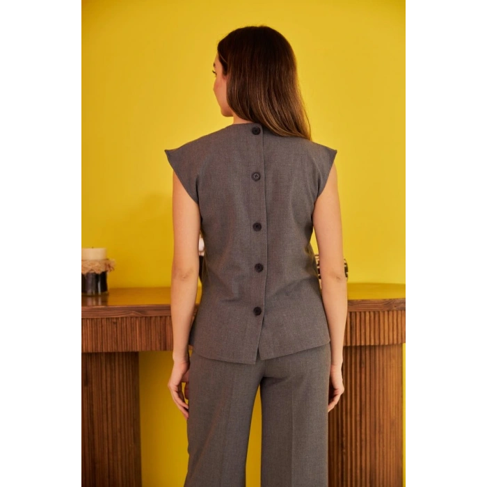 Gri ıfır Kol Düğmeli Gömlek Takım