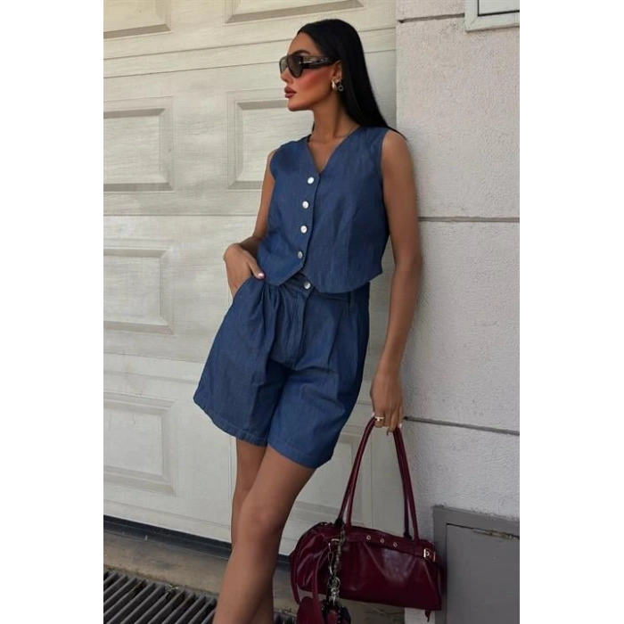 Gümüş Düğmeli Yelek Ve Şort Tensel Takım 10174