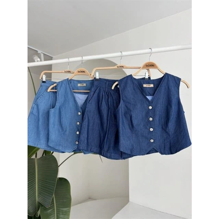 Gümüş Düğmeli Yelek Ve Şort Tensel Takım 10174