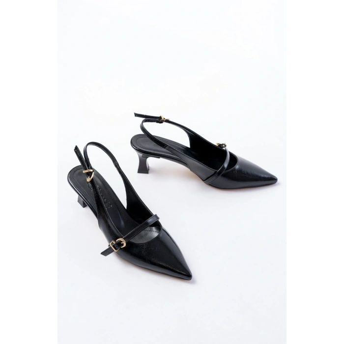 H-470 Siyah Rugan Baret Tokalı Arkası Açık Günlük Kadın Sandalet