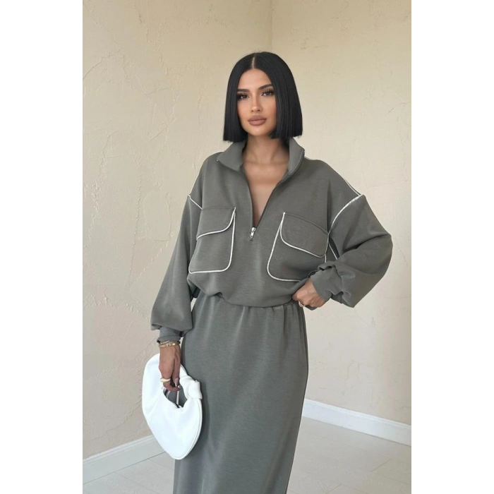 Haki Biyeli weatshirt Ve Etek Takım