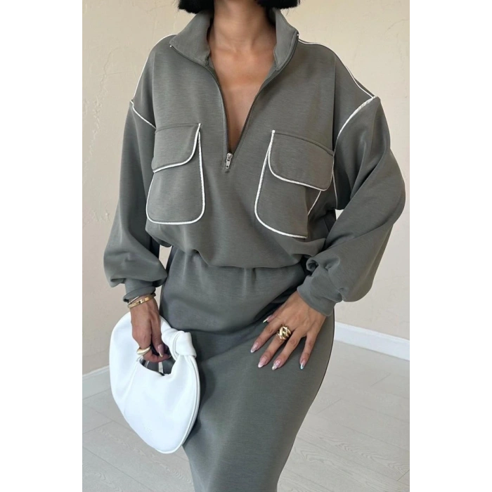 Haki Biyeli weatshirt Ve Etek Takım