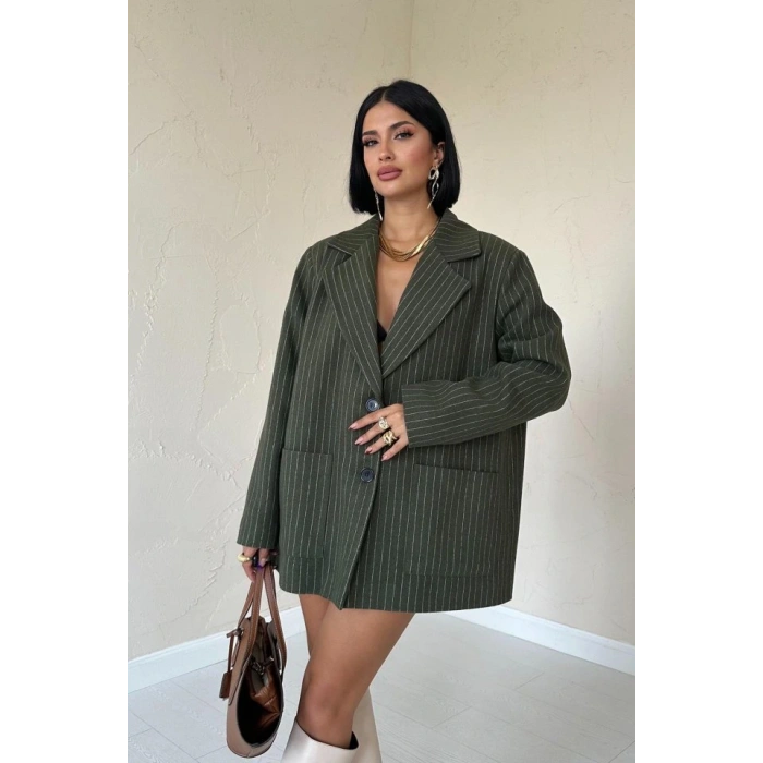 Haki Çizgili Oversize Ceket
