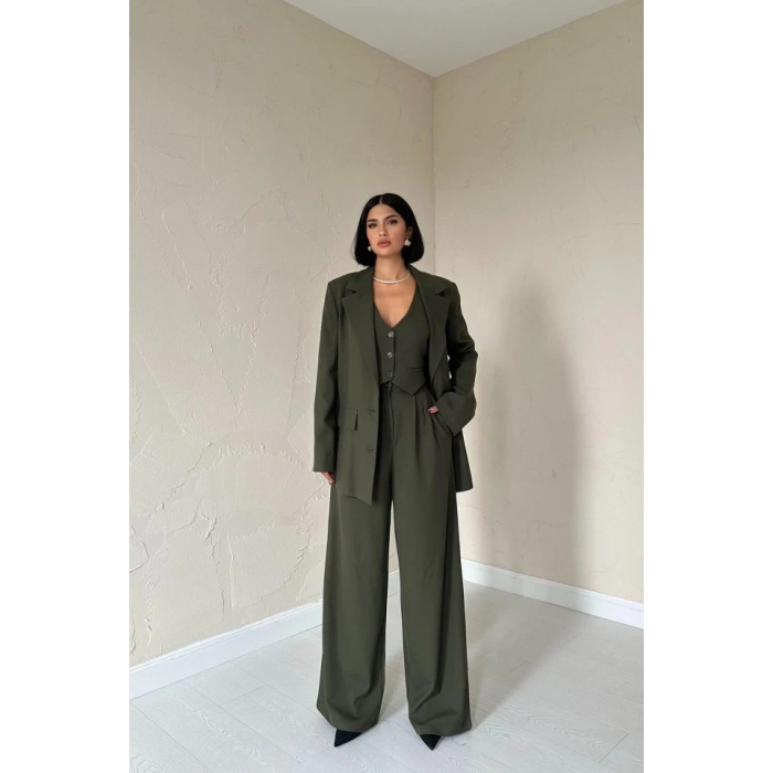 Haki Klas Ceket Ve Yelek Ve Pantolon Takım