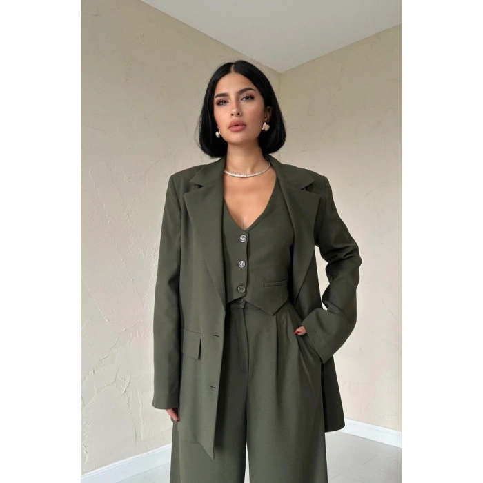 Haki Klas Ceket Ve Yelek Ve Pantolon Takım
