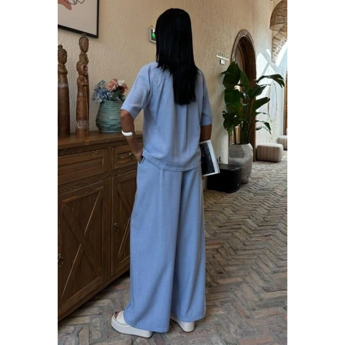 Hakim Yaka Çapraz Düğmeli Plazzo Pantolon Viscon Keten Takım 10091