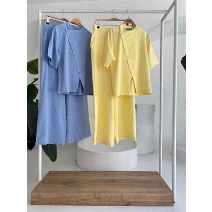 Hakim Yaka Çapraz Düğmeli Plazzo Pantolon Viscon Keten Takım 10209