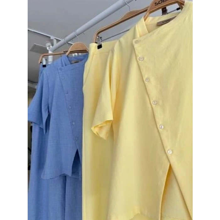 Hakim Yaka Çapraz Düğmeli Plazzo Pantolon Viscon Keten Takım 10209