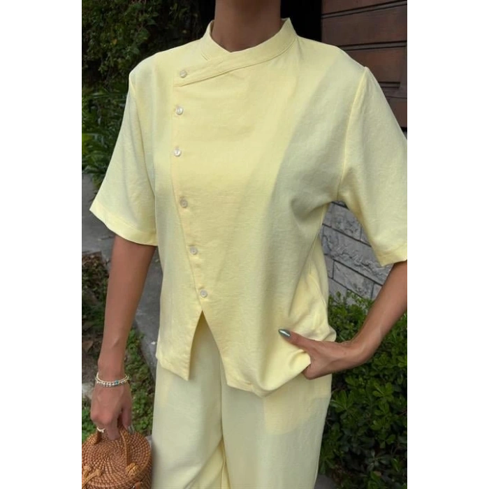 Hakim Yaka Çapraz Düğmeli Plazzo Pantolon Viscon Keten Takım 10209