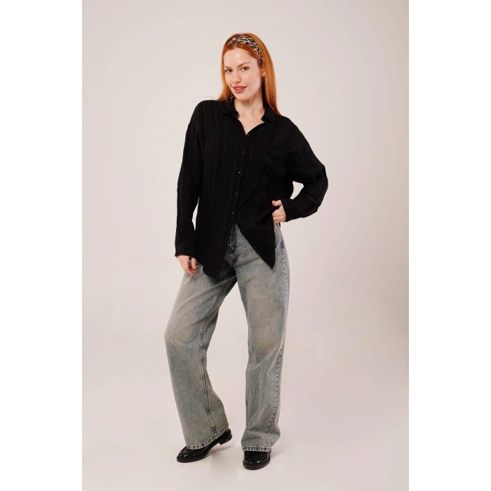 Hakim Yaka Çizgili Cep Detaylı iyah Gömlek