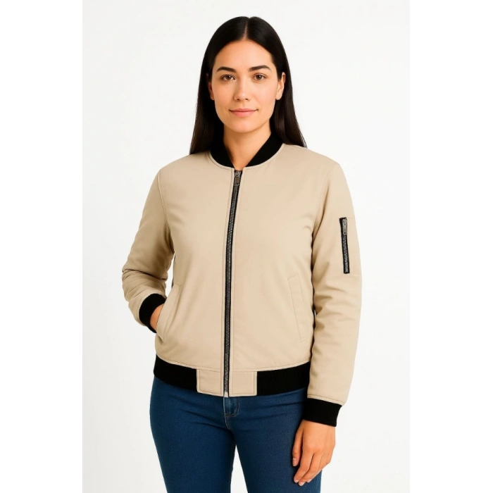 Içi Astarlı Fermuarlı Bomber ont Ceket  Bej