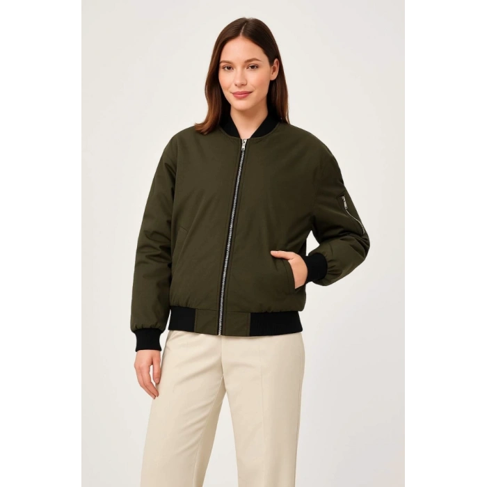 Içi Astarlı Fermuarlı Bomber ont Ceket  Haki